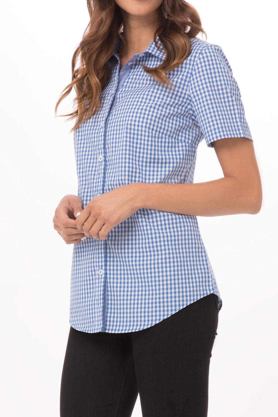 A blue and white gingham-patterned women's short sleeve dress shirt featuring a button-up design, with a logo present.
