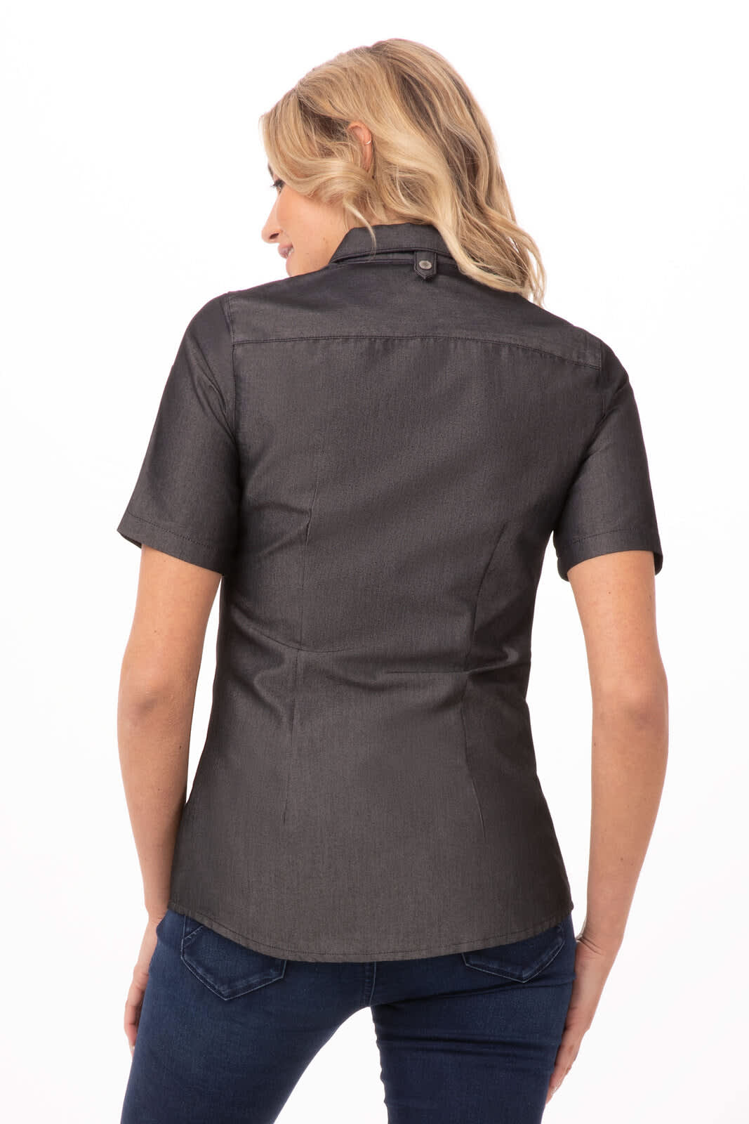 A women's denim shirt in a dark colour, featuring a fitted design and short sleeves, with a back button detail.