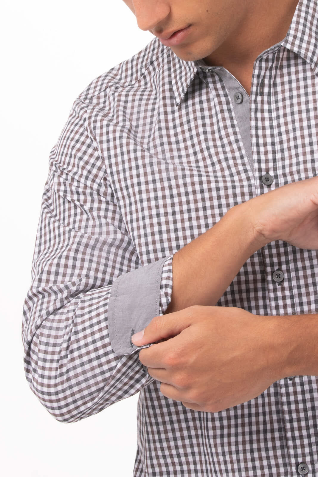 A men's long sleeve dress shirt in grey and white gingham pattern, featuring a rolled cuff. It has a logo.