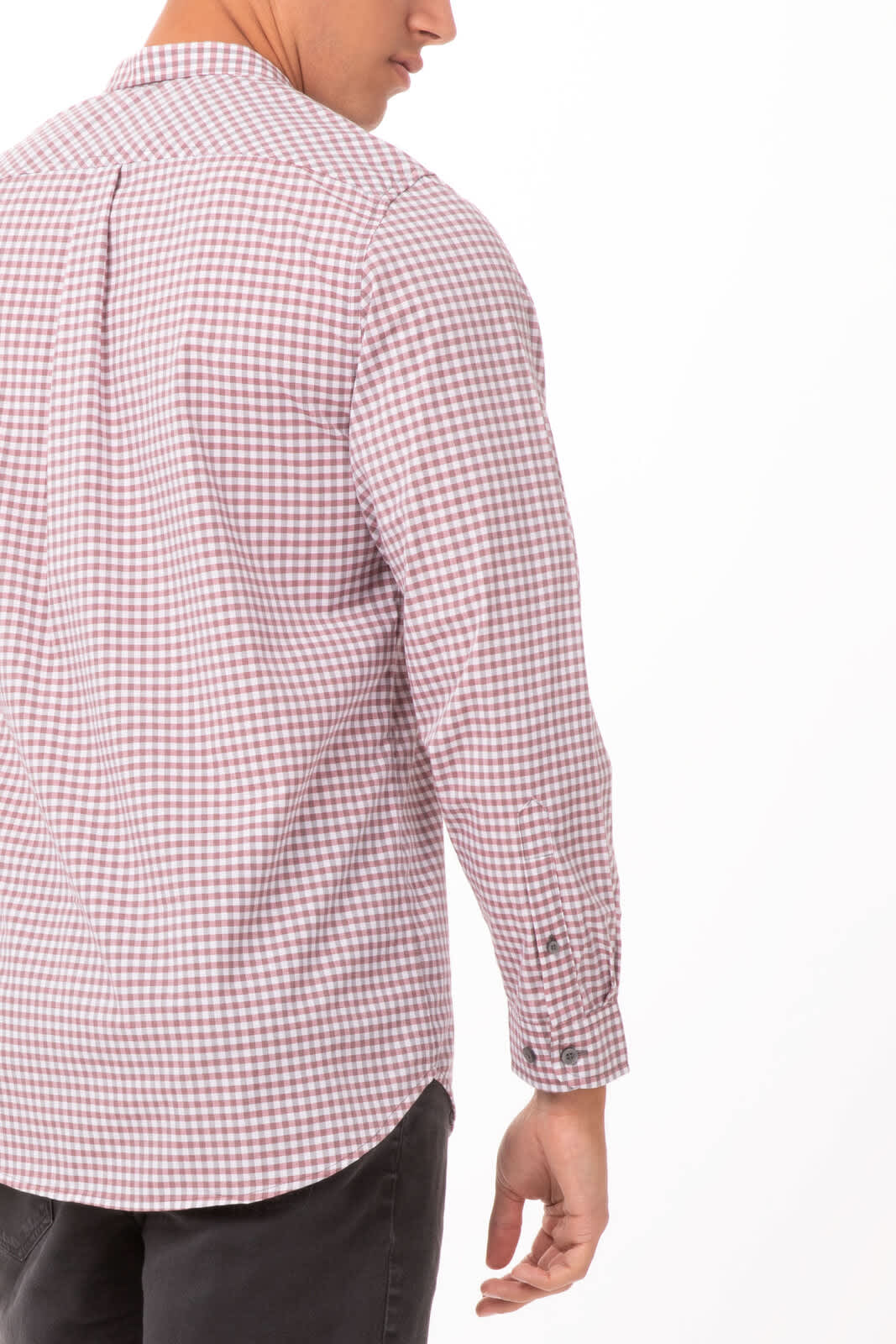 A men's long sleeve dress shirt in modern gingham pattern, featuring shades of red and white. It has a logo on the back.