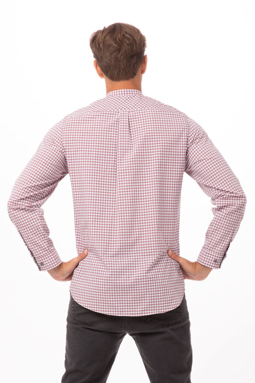 A long sleeve dress shirt featuring a modern gingham pattern in red and white, with a back view and a branding logo.