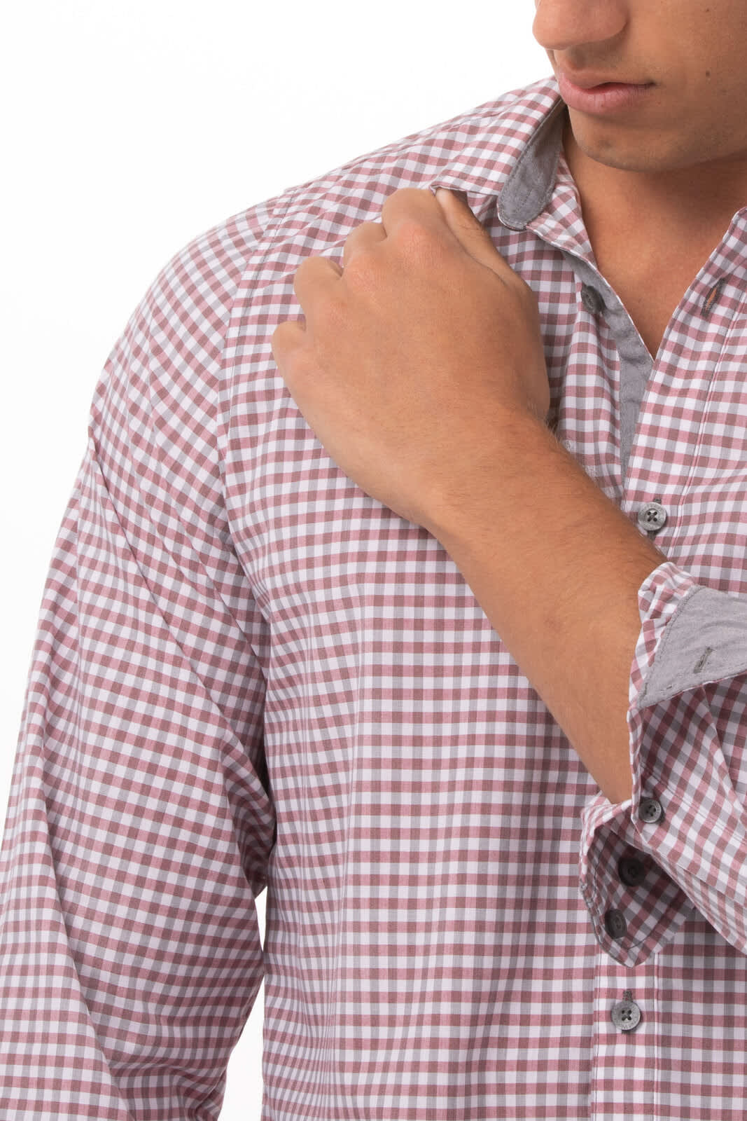 A men's long sleeve dress shirt featuring a modern gingham pattern in red and white, with a subtle logo.