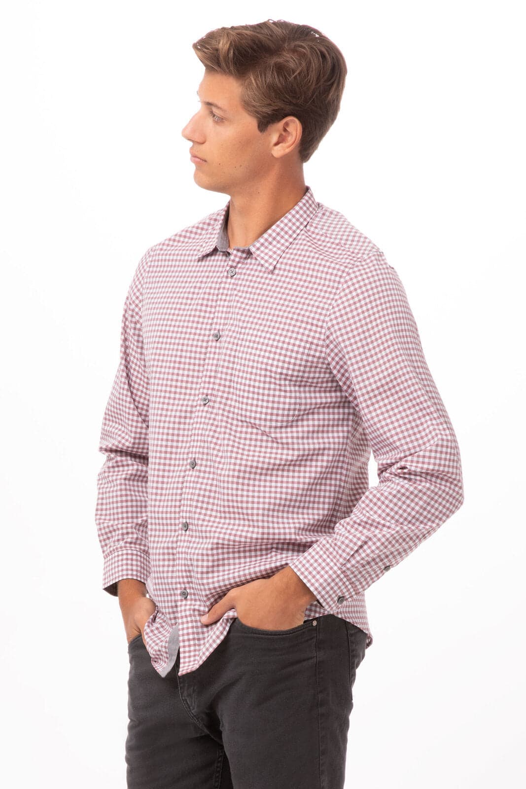A men's long sleeve dress shirt in modern gingham pattern with red and white checks, featuring a button-up design.
