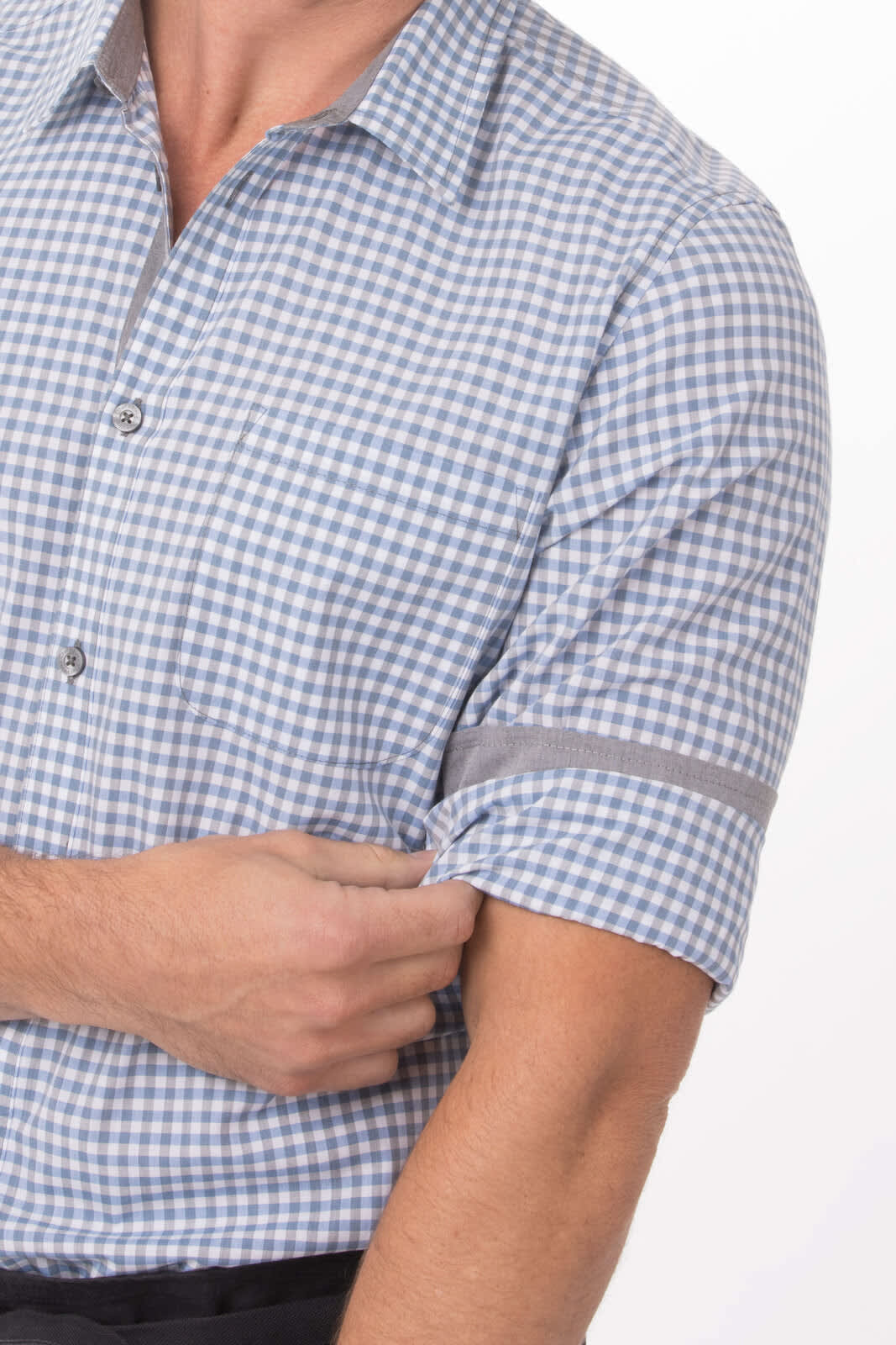 A men's long sleeve dress shirt in blue and white gingham pattern, featuring rolled-up sleeves. The shirt has a logo.