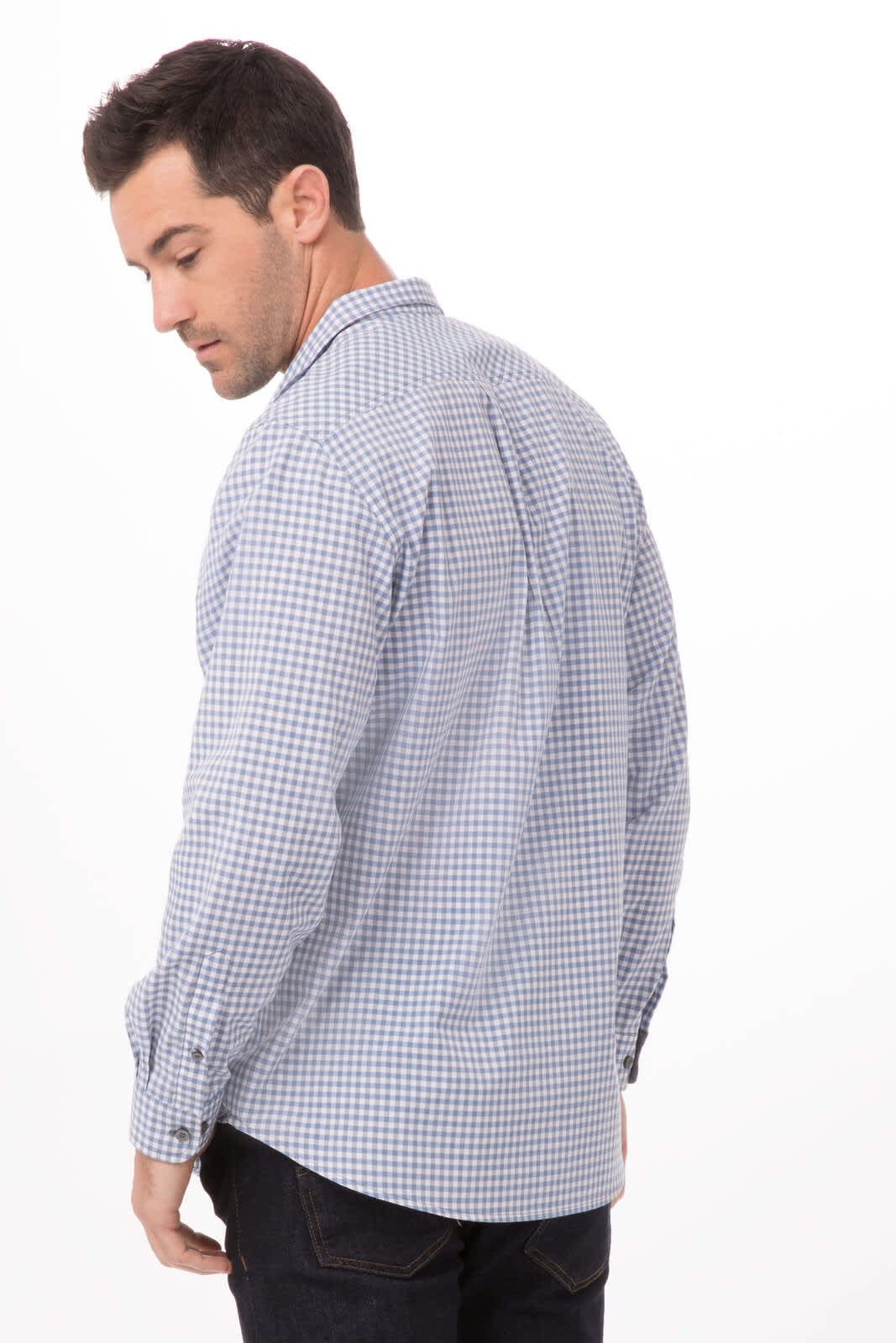 Men's long sleeve dress shirt in blue gingham pattern, featuring a classic button-up design and a logo on the back.