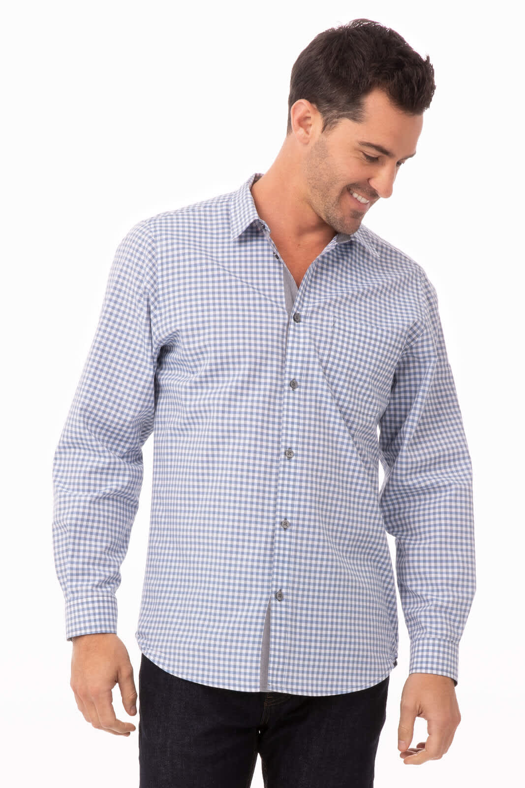 A long sleeve men's dress shirt in blue and white gingham pattern, featuring a button-up front and a logo.