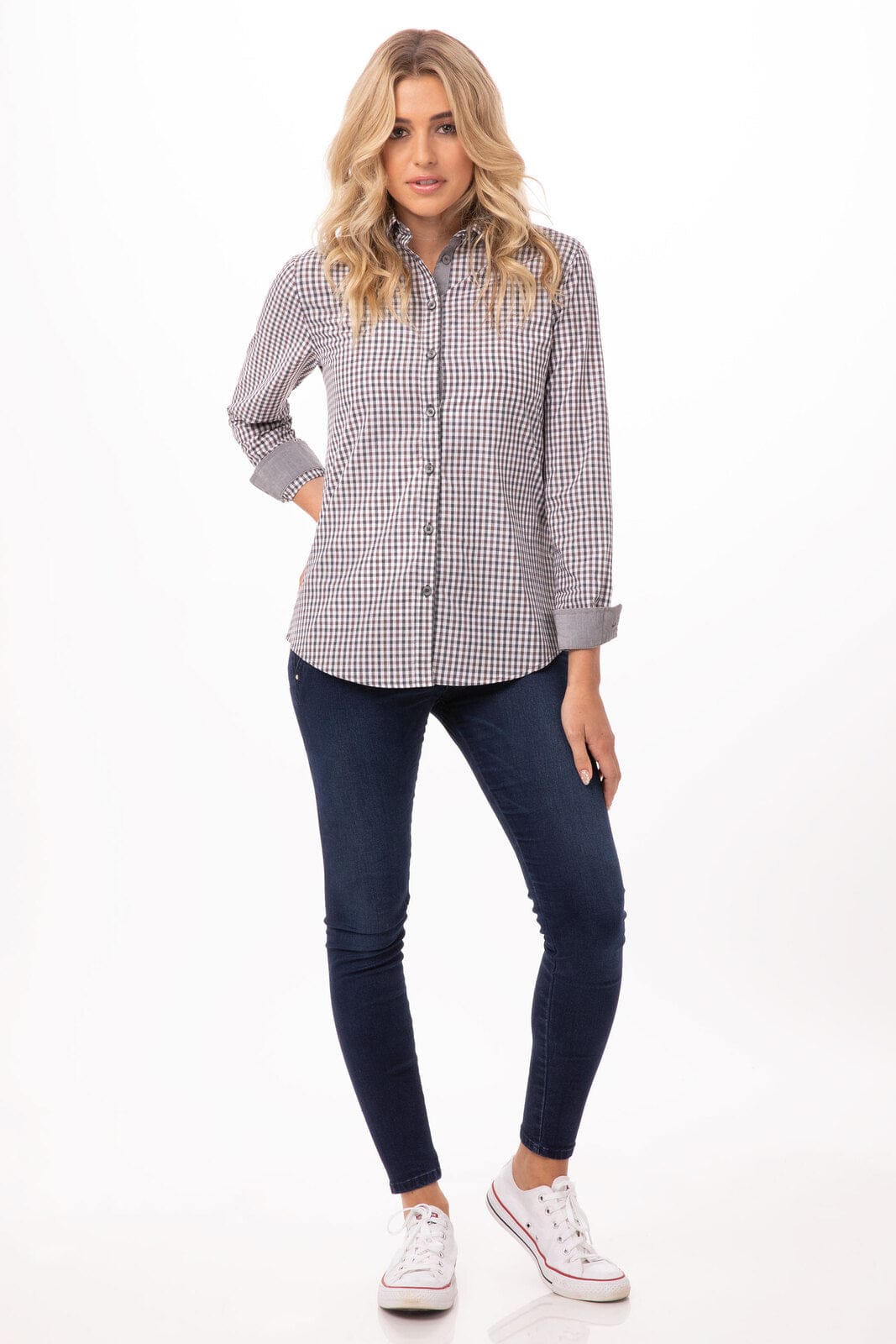 A long sleeve dress shirt in a modern gingham pattern, featuring grey and white colours, worn with dark jeans.