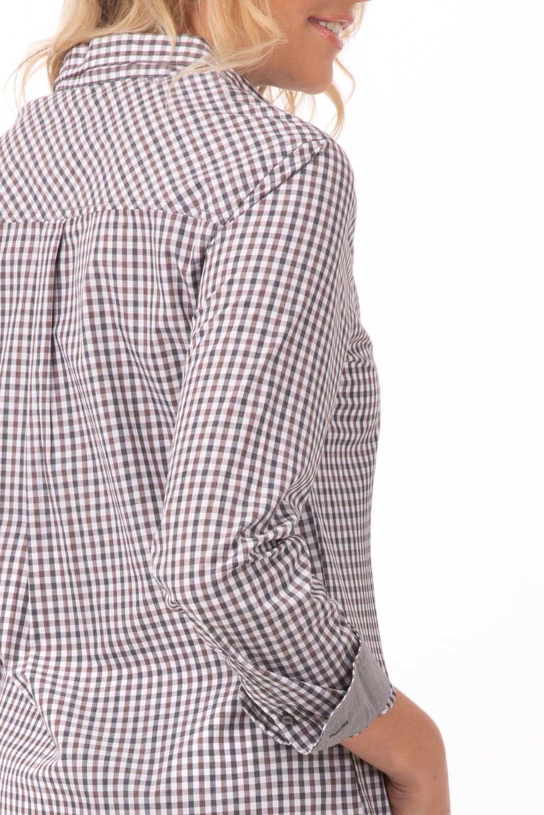 A women's long sleeve dress shirt in modern gingham pattern, featuring tones of navy, white, and red, with a logo.