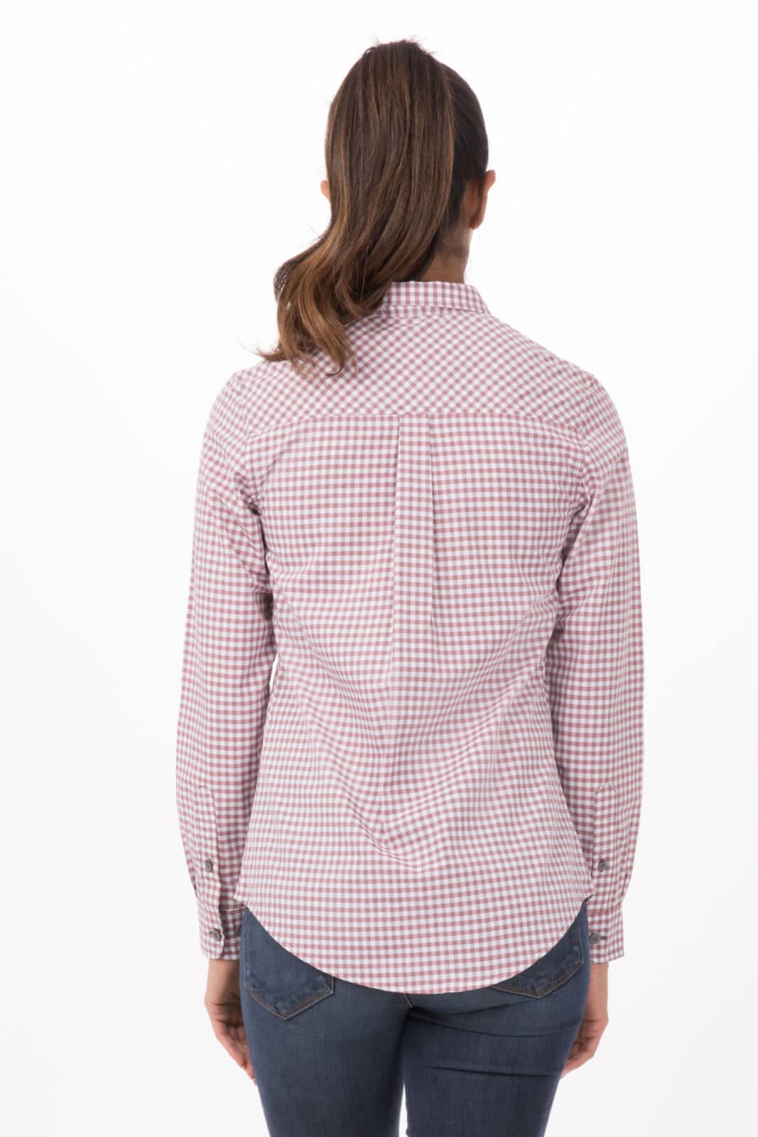 A women's long sleeve dress shirt featuring a modern gingham pattern in shades of pink and white, with a classic button-up design.