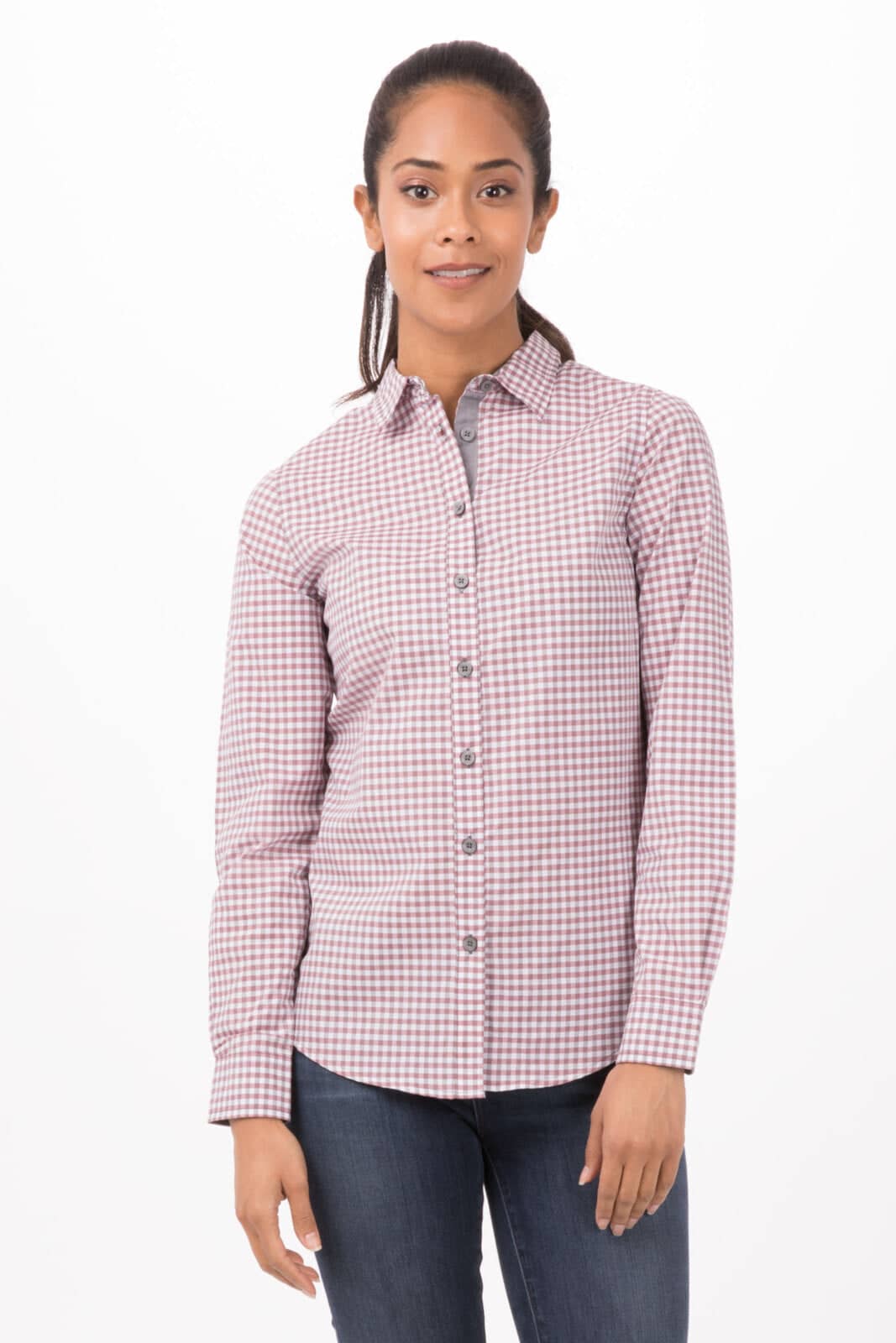 A long sleeve button-up shirt featuring a modern gingham pattern in shades of red and white, with a fitted silhouette.