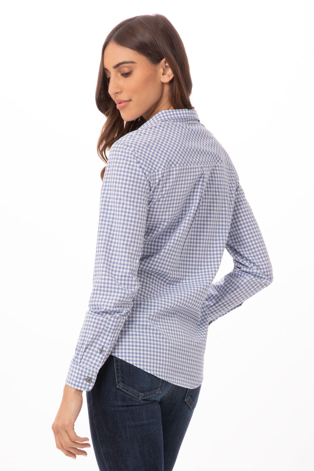A women's long sleeve button-up shirt in blue and white gingham, featuring a classic collar and a logo on the back.