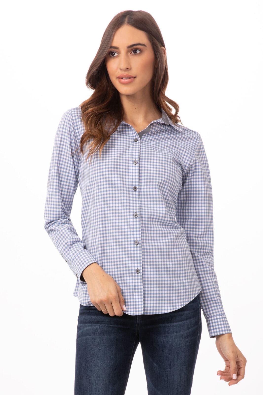 A women's long sleeve button-up shirt in blue and white gingham pattern, featuring a classic collar and a fitted silhouette.