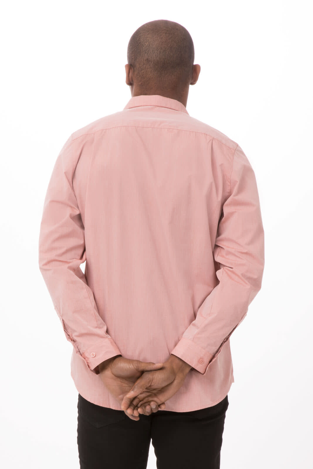 A men's dress shirt in light pink, featuring a collar and button-up design, displayed from the back.
