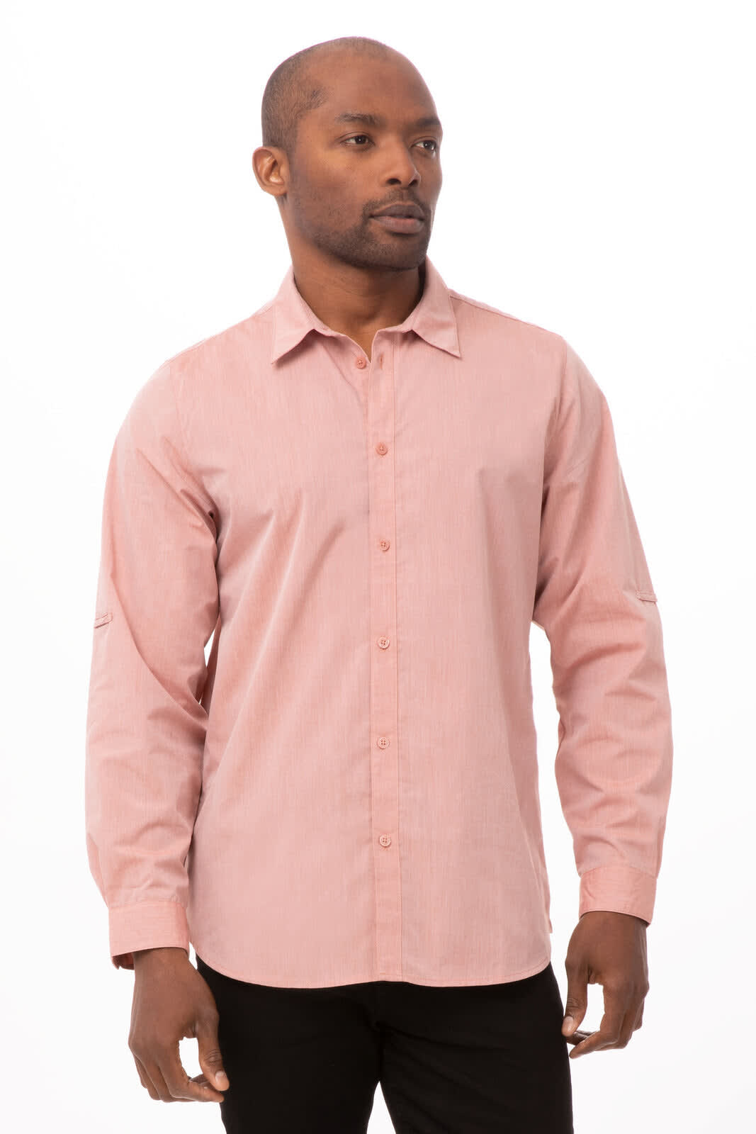A pink chambray men's dress shirt with long sleeves and a button-up front, featuring a logo.