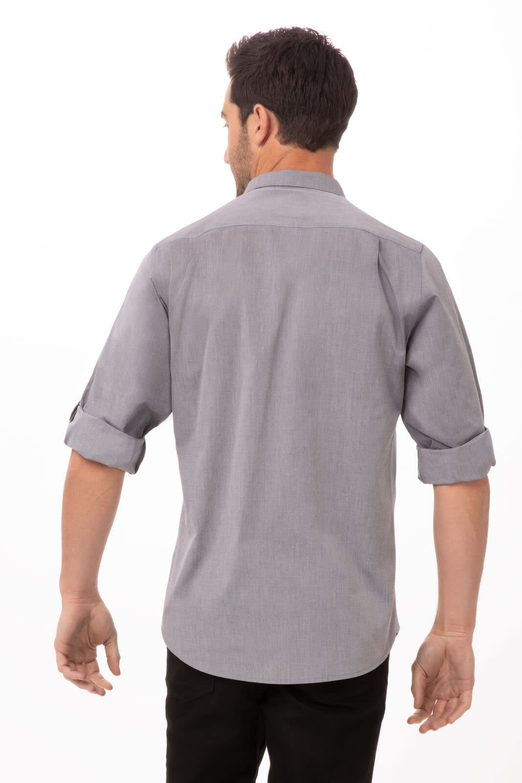 A men's dress shirt in chambray fabric, featuring rolled sleeves and a back view. The shirt is grey with a subtle pattern.