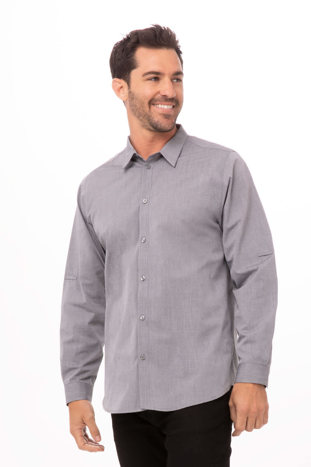 A modern chambray men's dress shirt in grey, featuring a button-up design and long sleeves. The shirt has a logo present.