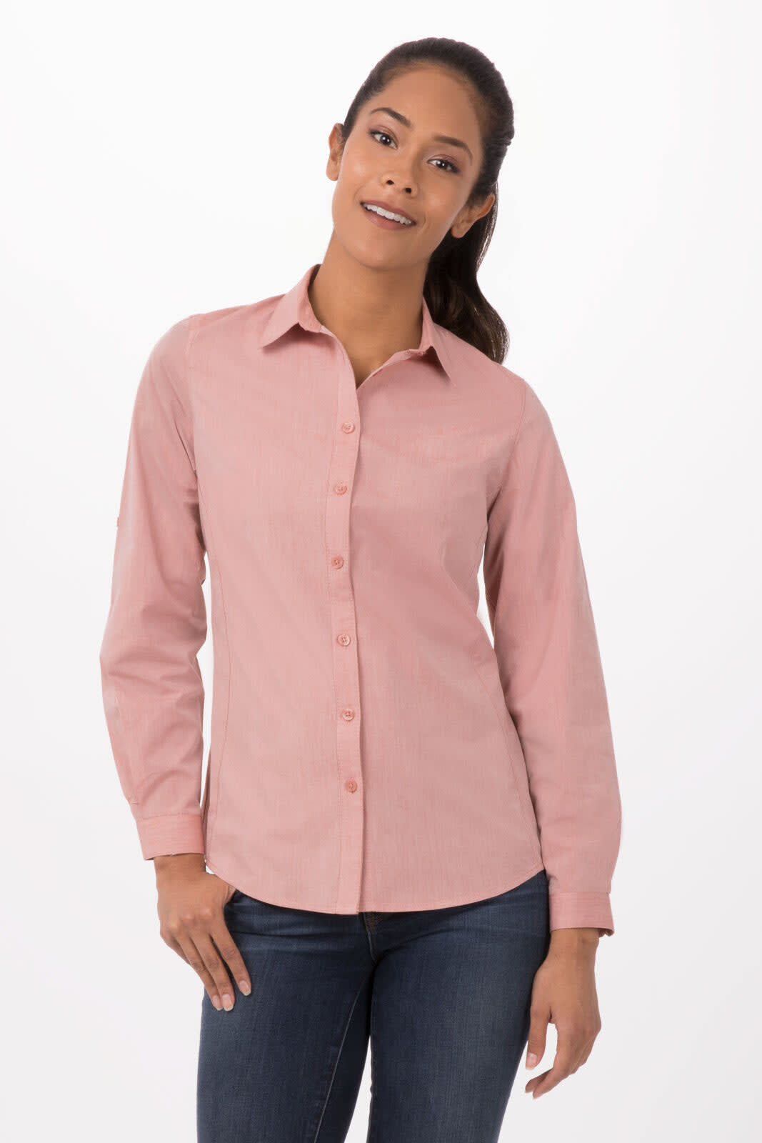 A modern chambray women's button-up shirt in a soft pink hue, featuring long sleeves and a front button closure.