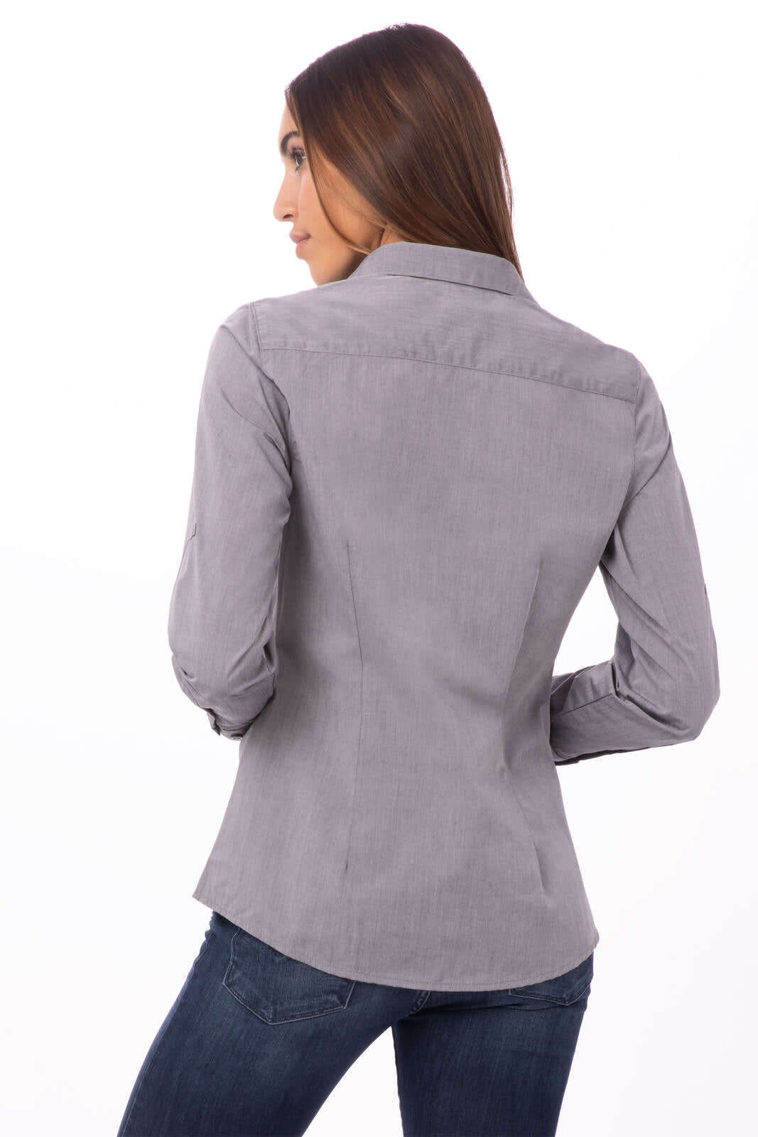 A women's button-up shirt in modern chambray grey, featuring a tailored fit and long sleeves.