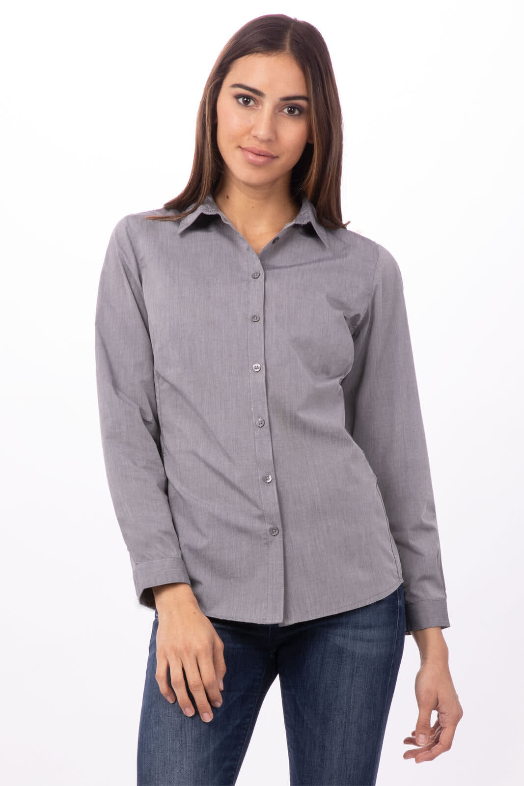 A women's button-up dress shirt in grey chambray with long sleeves, featuring a collar and a button front.