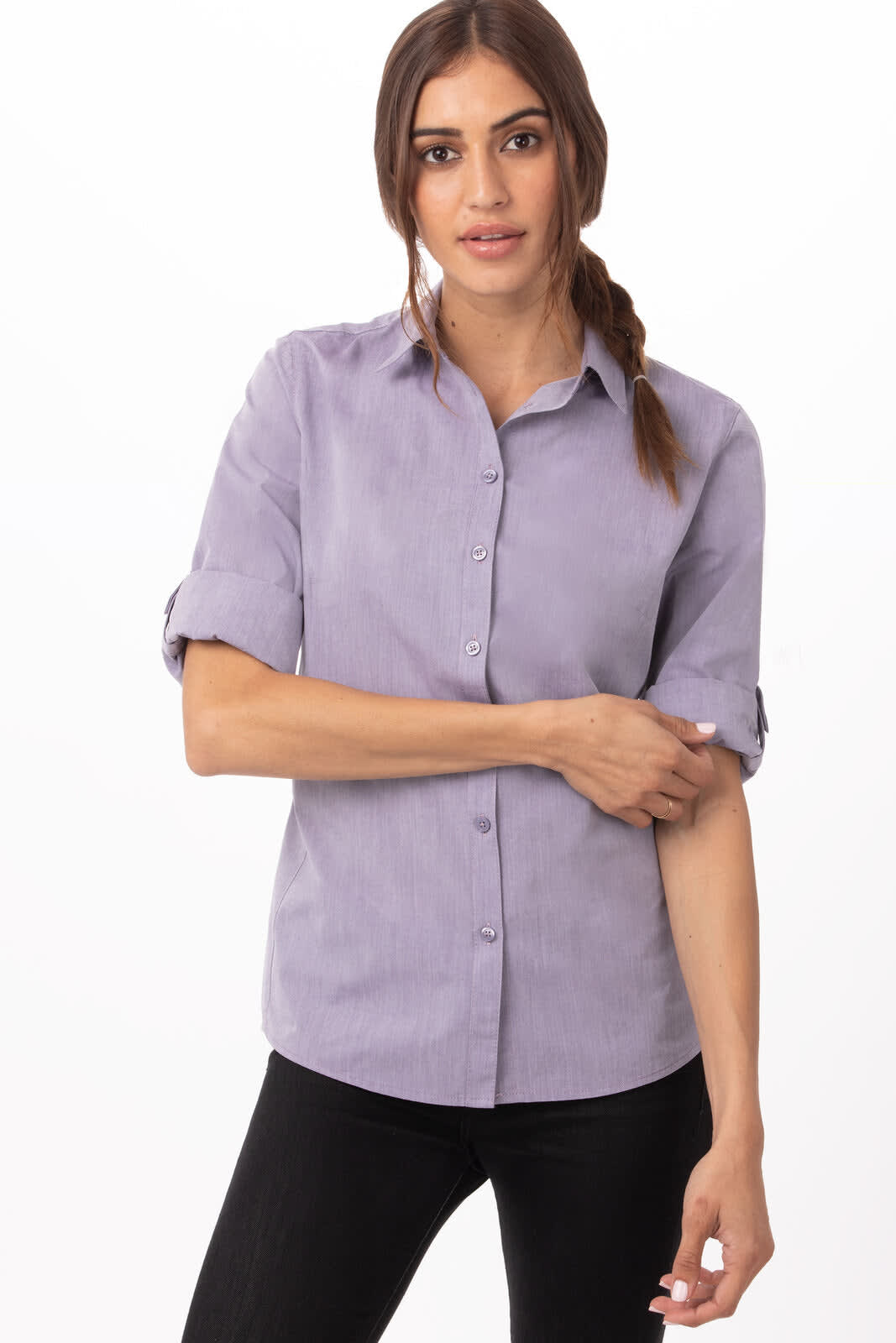 A modern chambray women's button-up shirt in lavender, featuring rolled sleeves and a slim fit.