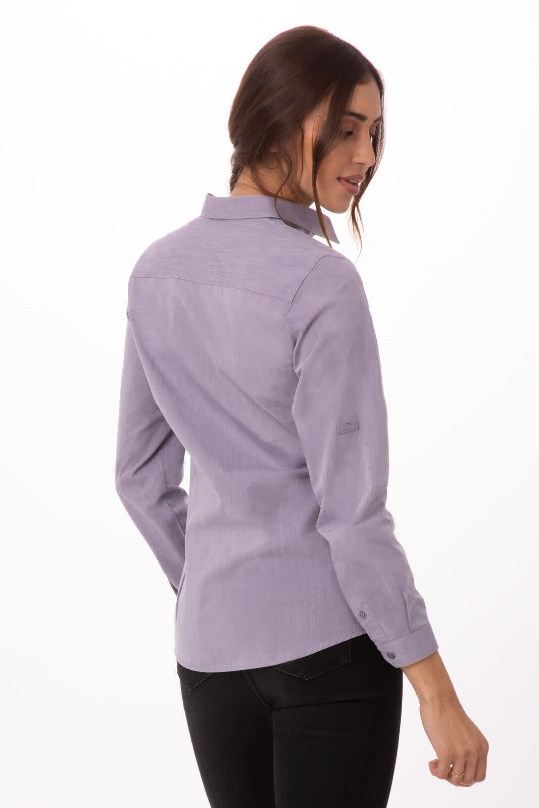 A women's button-up dress shirt in modern chambray, featuring a back view and a light purple hue.