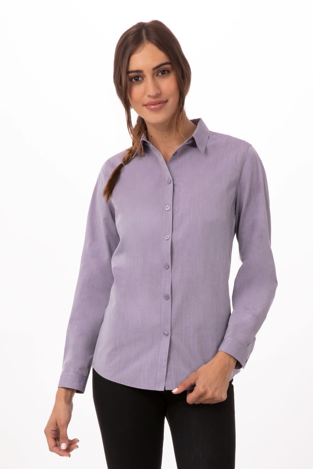 A modern chambray women's dress shirt in light purple with a button-up front and long sleeves, featuring a logo.