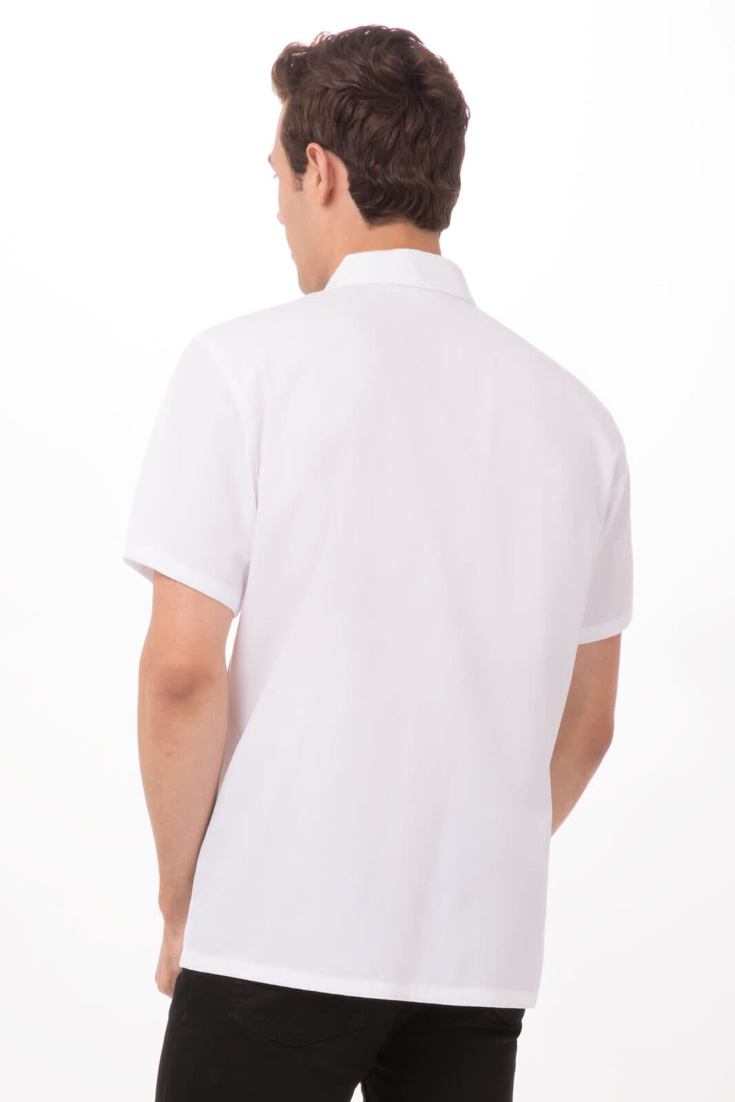 A white chef shirt with short sleeves, featuring a collar and a plain back design. It has a logo present.