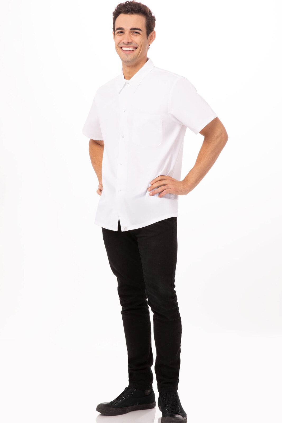 A white chef shirt featuring a collar, paired with black pants and shoes, and a logo on the shirt.