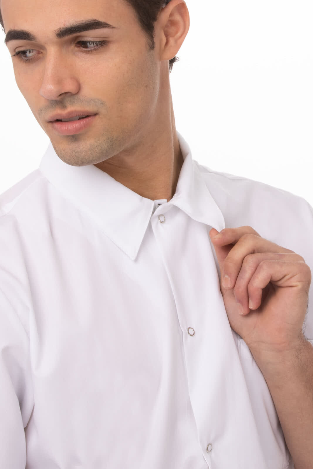 A white utility chef shirt with a classic collar, featuring buttons and a model showcasing its design.