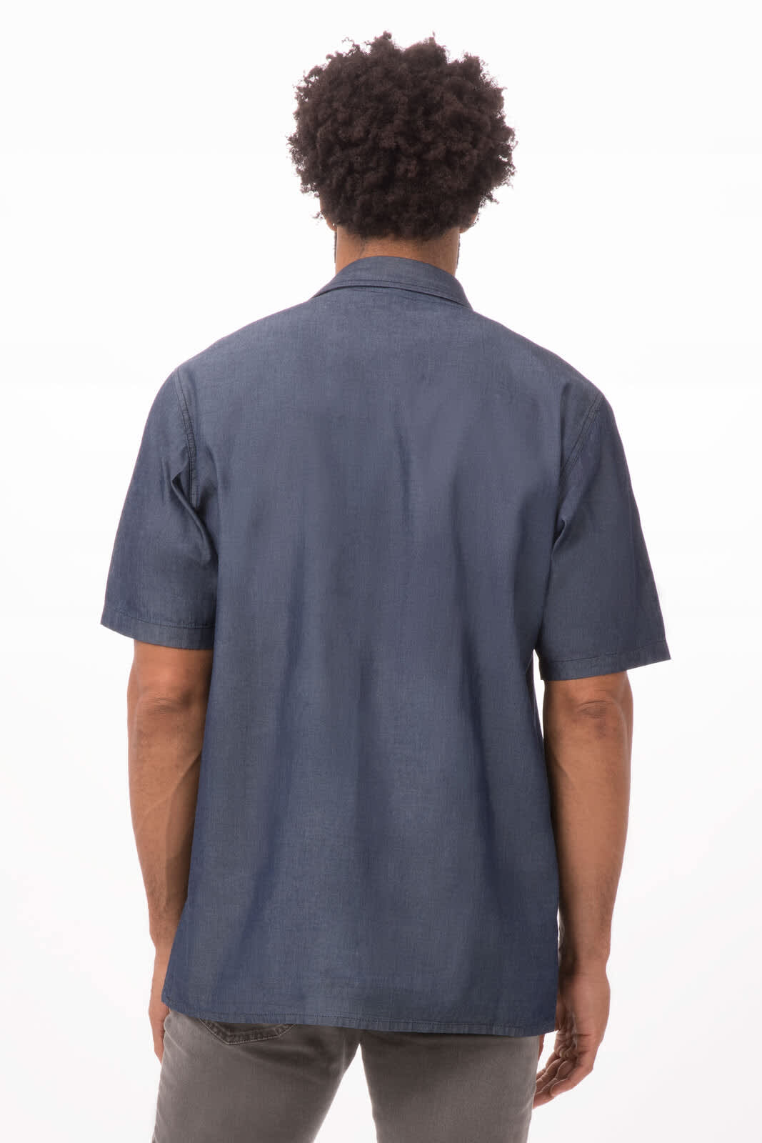 A short sleeve denim shirt in dark blue, featuring a classic button-up design and a logo on the back.