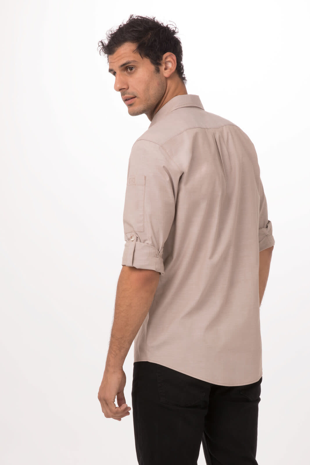 A light beige button-up men's shirt with rolled-up sleeves, featuring a logo, displayed from the back.