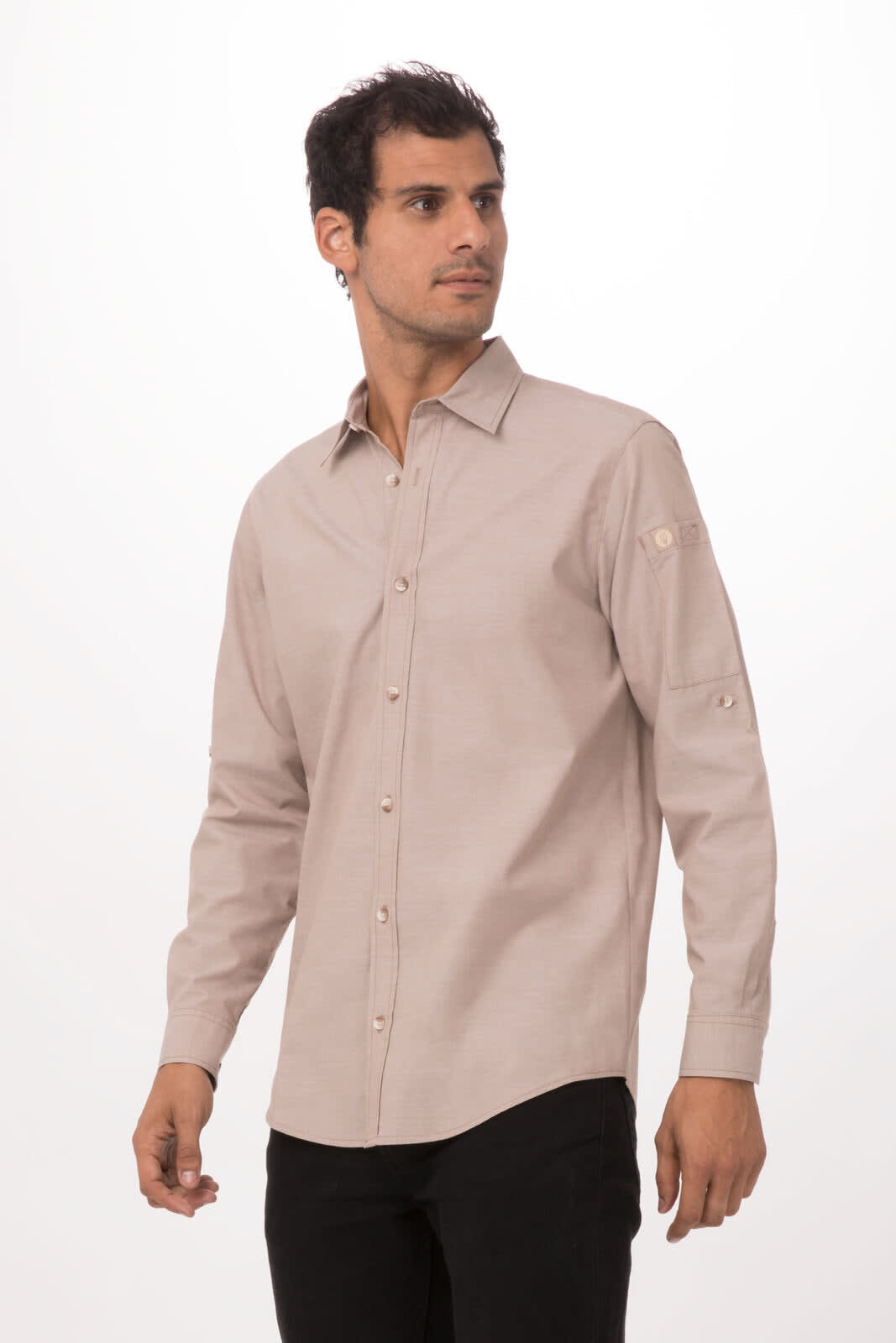 A light beige chambray men's button-up shirt with long sleeves and a subtle logo on the sleeve.