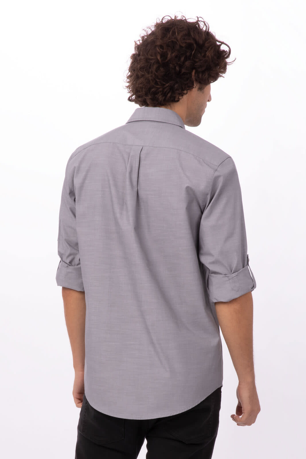 A grey chambray men's button-up shirt with rolled sleeves, featuring a back yoke design and branded logo.