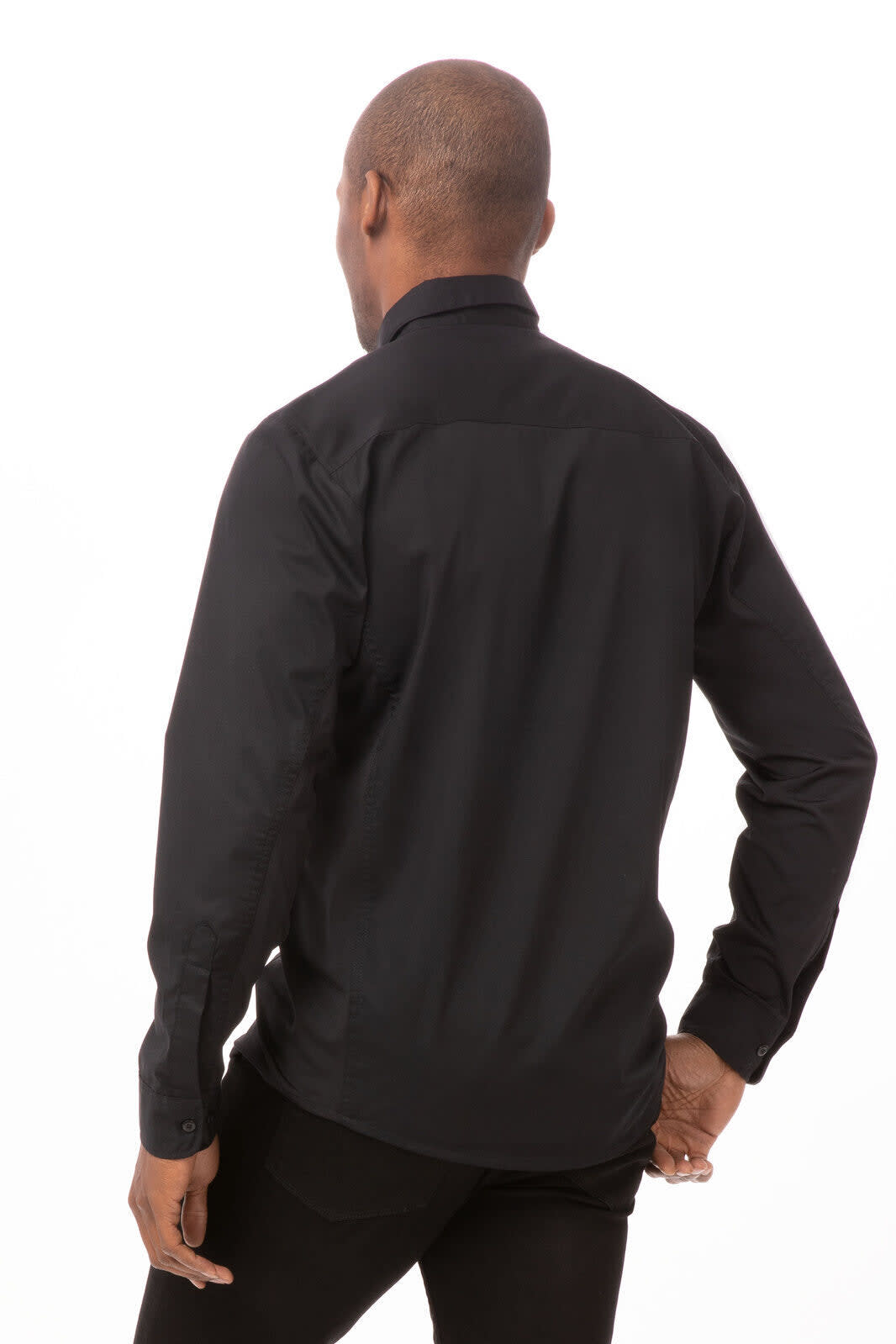 A black men's zip front shirt featuring long sleeves and a sleek back design. The shirt has a logo on it.