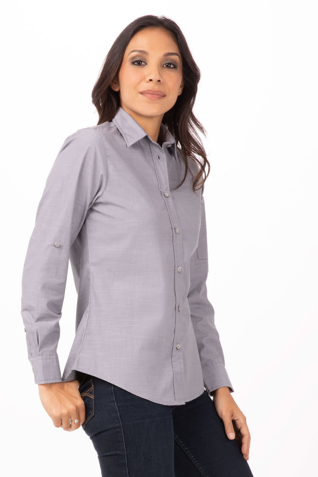 A women's chambray shirt in grey with long sleeves and a collar, featuring a branding logo.