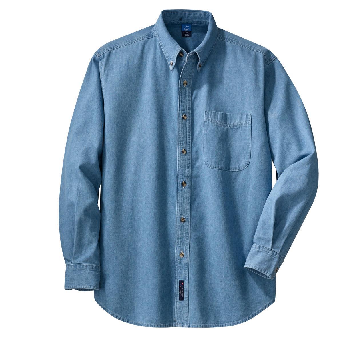 A light blue long sleeve denim button-up shirt with a chest pocket and a logo.