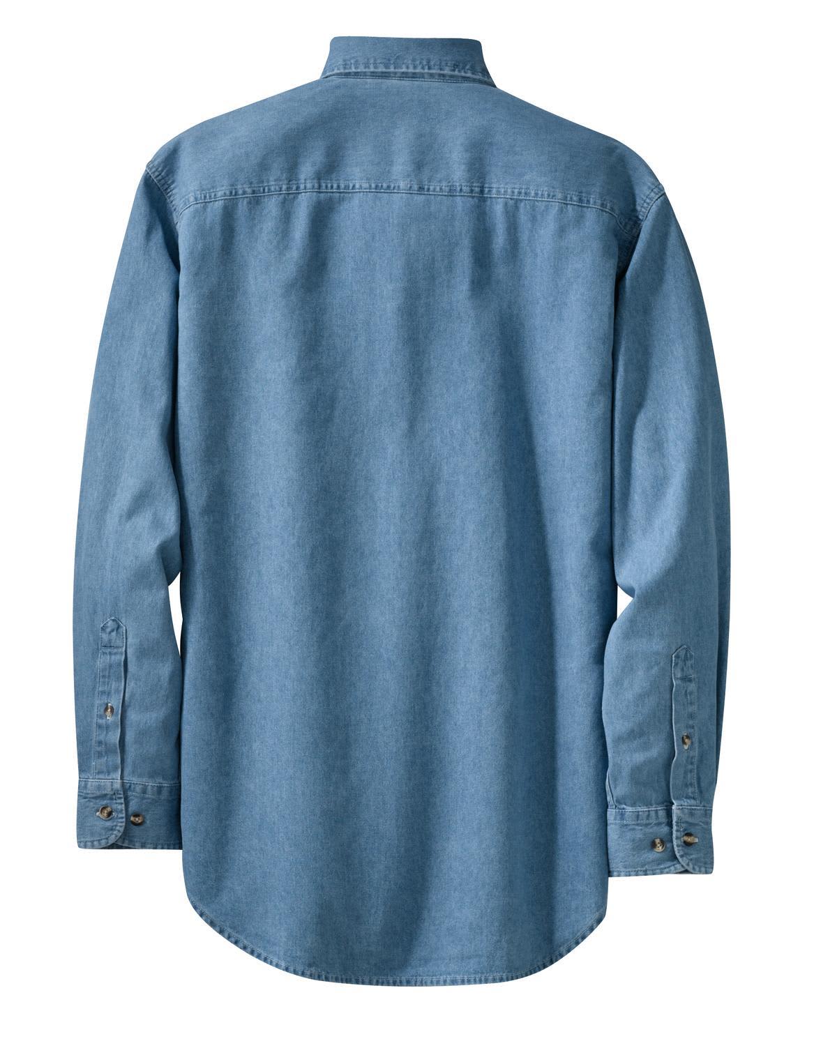 A light blue long sleeve denim shirt with a button-up collar and cuffs, featuring a logo on the back.