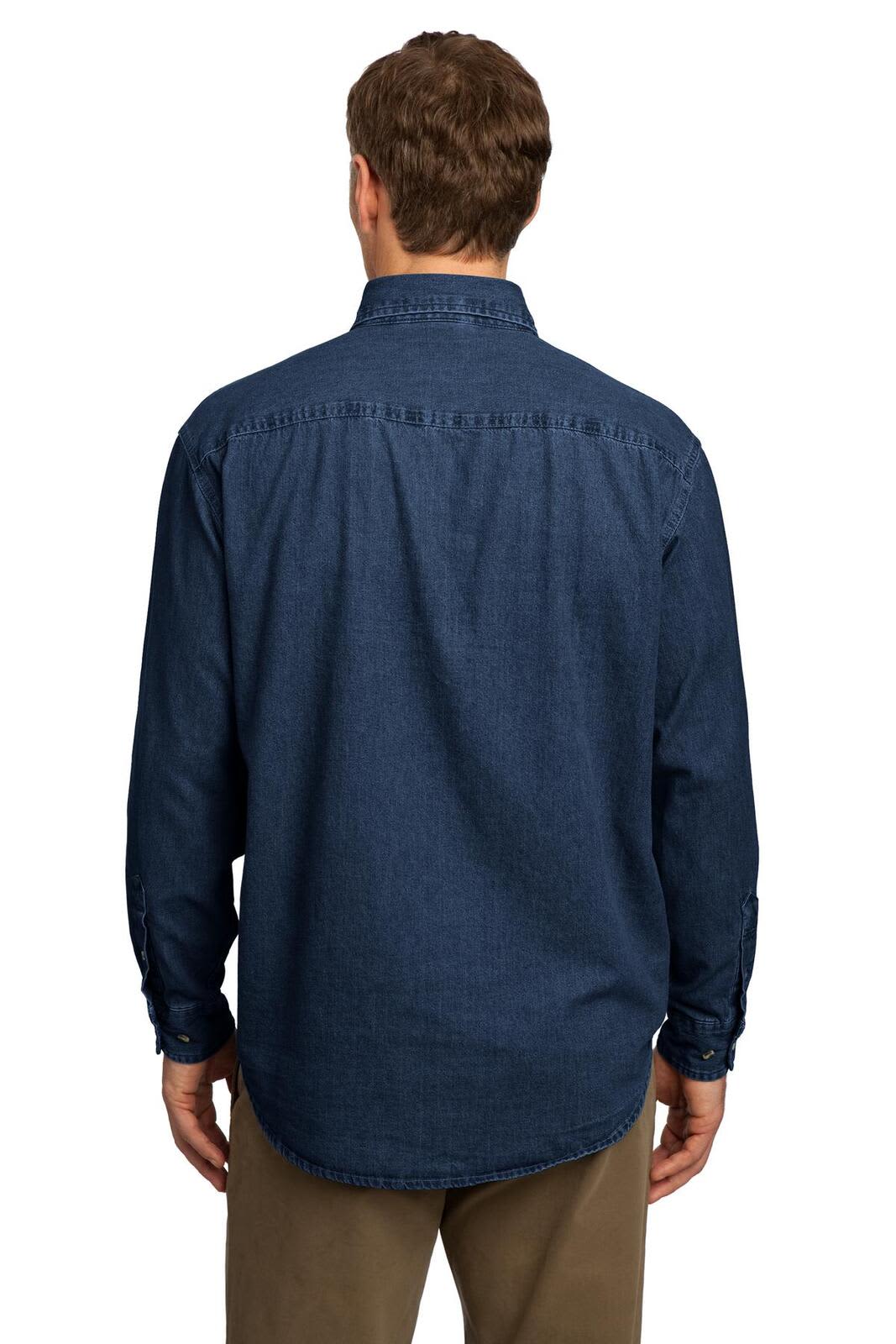 A long sleeve denim shirt in a dark blue colour, featuring a button-up design and a logo.