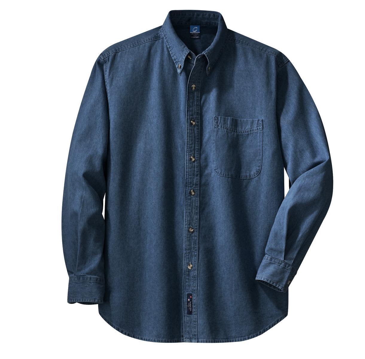 A long sleeve, button-up denim shirt in a dark blue colour, featuring a single pocket and a logo.