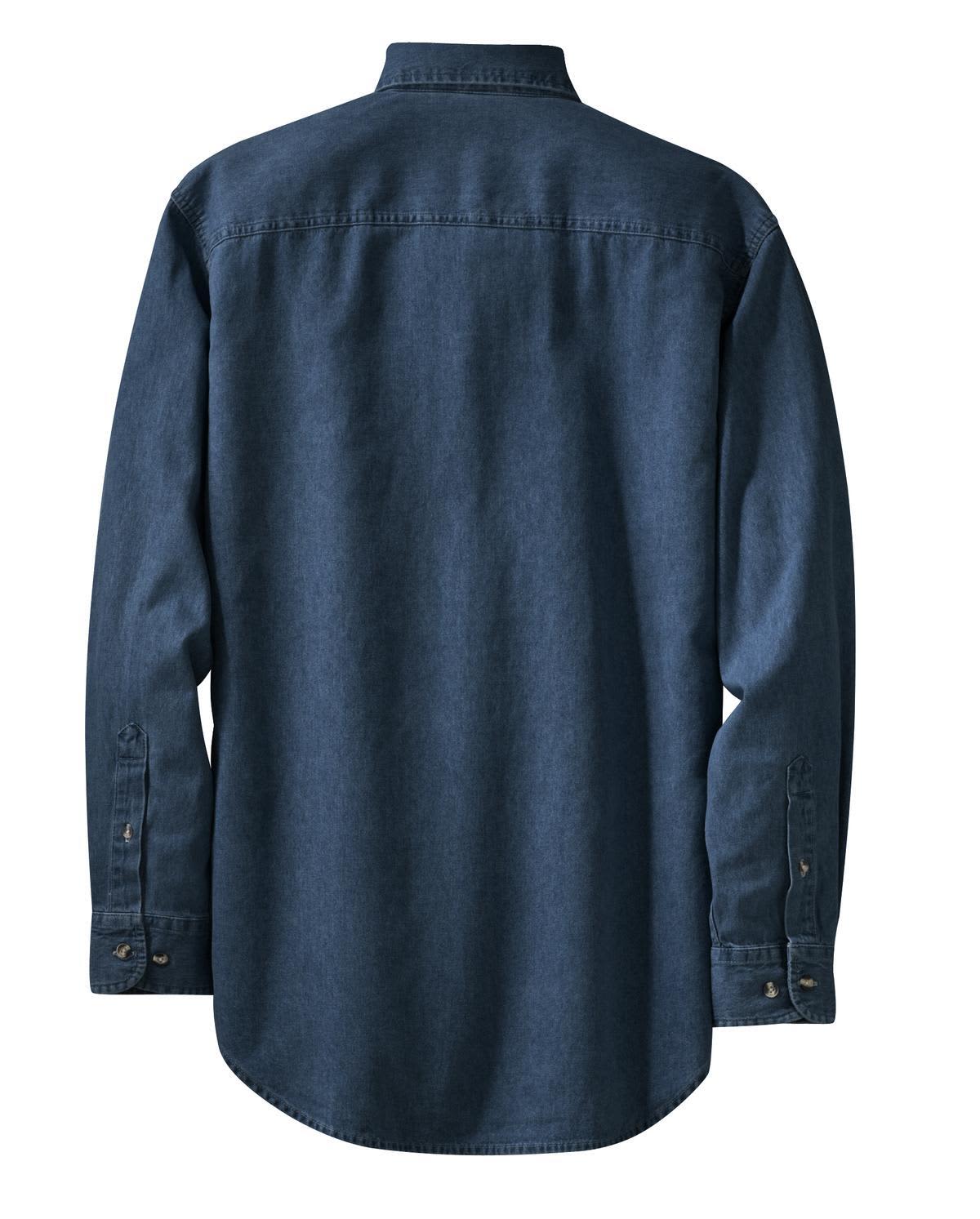 A navy long-sleeve denim shirt with a button-up design and a back view featuring a collar and button cuffs.