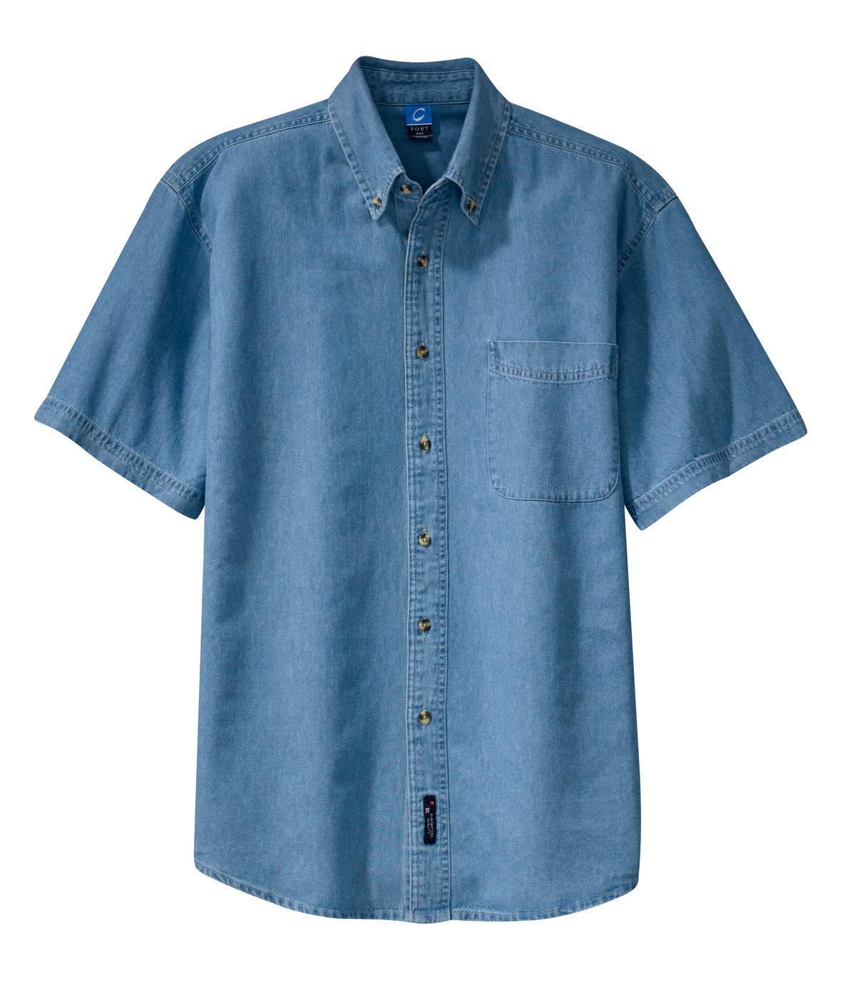 A short sleeve denim shirt in light blue, featuring button-up styling and a chest pocket. Includes a logo.