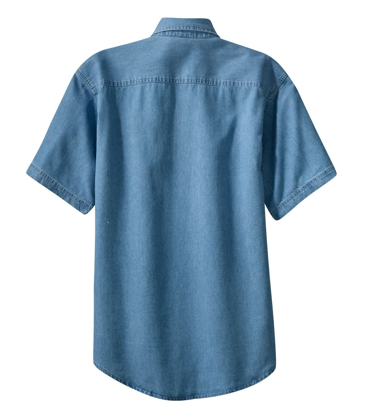 A short sleeve denim button-up shirt in a light blue colour with a simple design and brand logo.