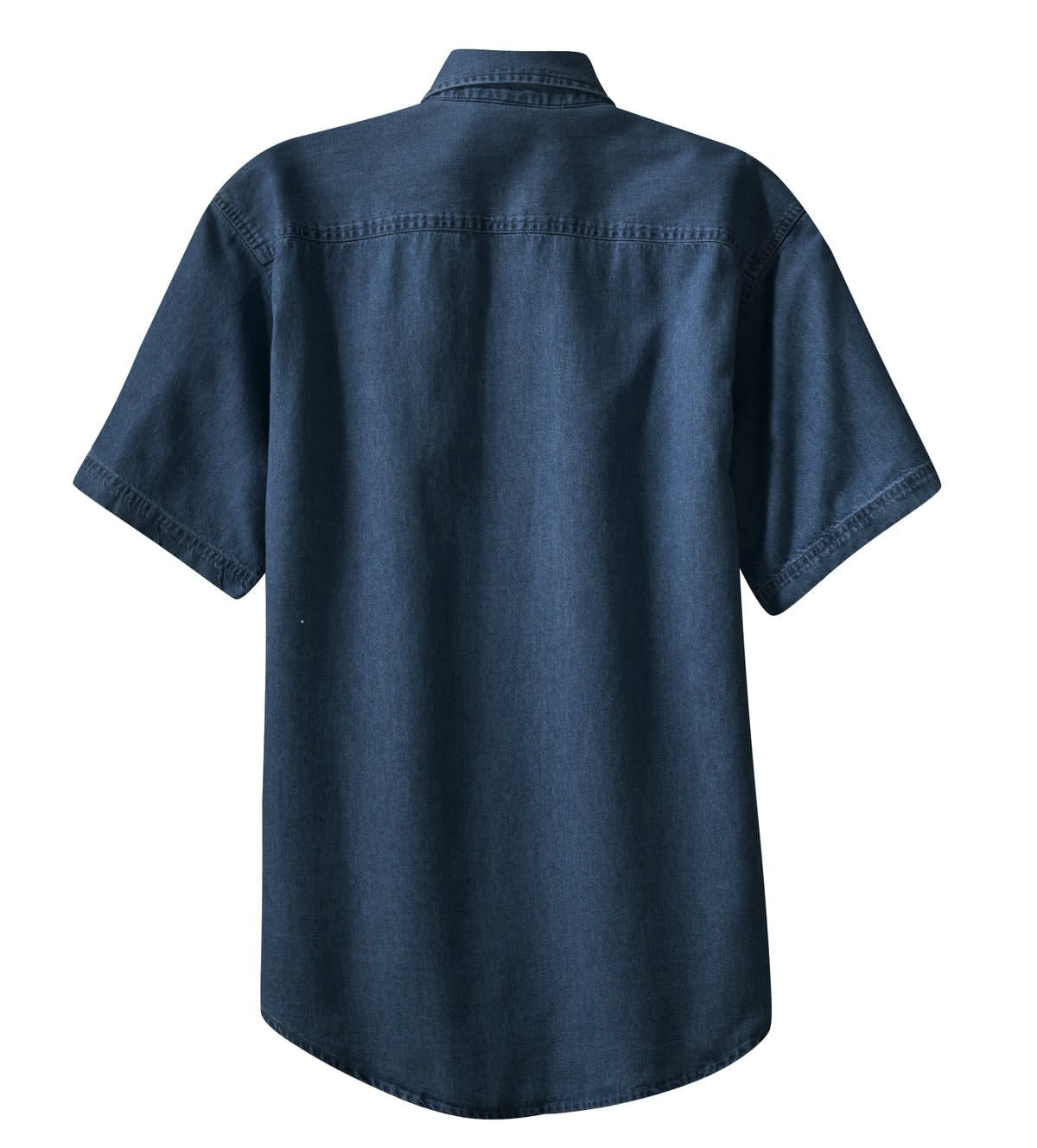 A short sleeve denim shirt in dark blue, featuring a button-up design and a back yoke. It has a logo on the collar.