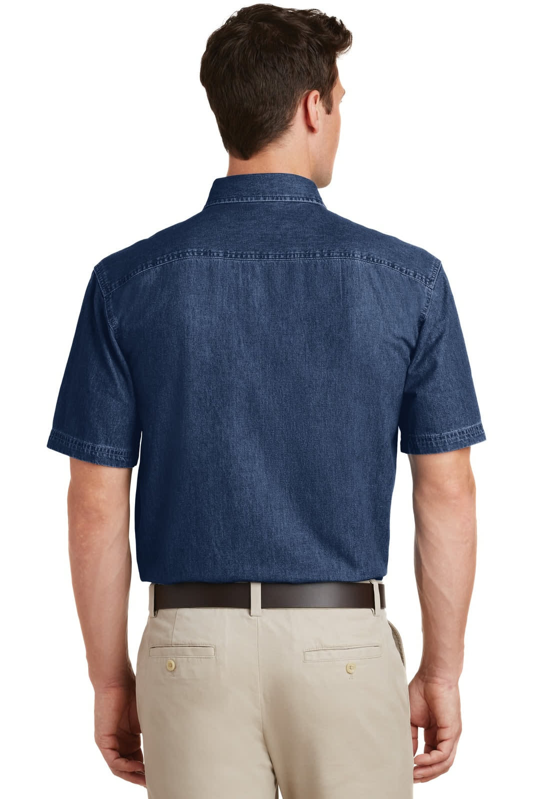 A back view of a short-sleeve denim shirt in dark blue, featuring a collar and a logo.