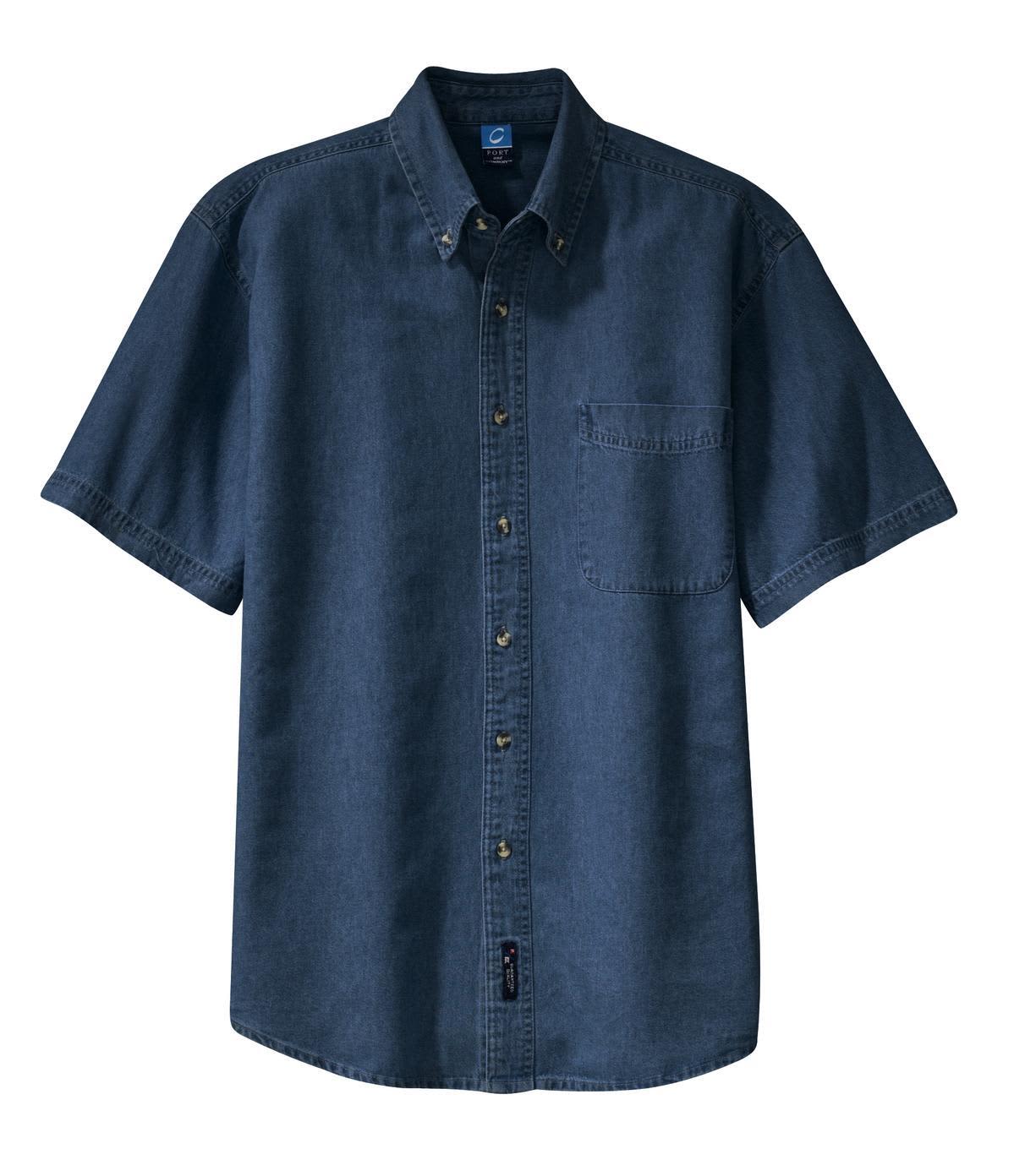 A blue short sleeve denim button-up shirt featuring a chest pocket and a logo.