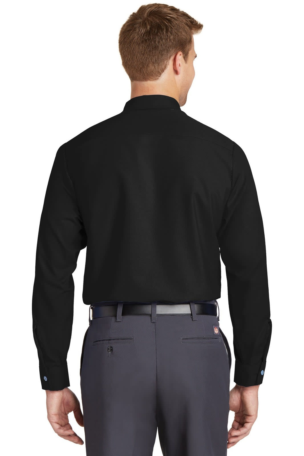 A black long sleeve industrial work shirt with a plain back, worn by a male model. It features a logo on the chest.