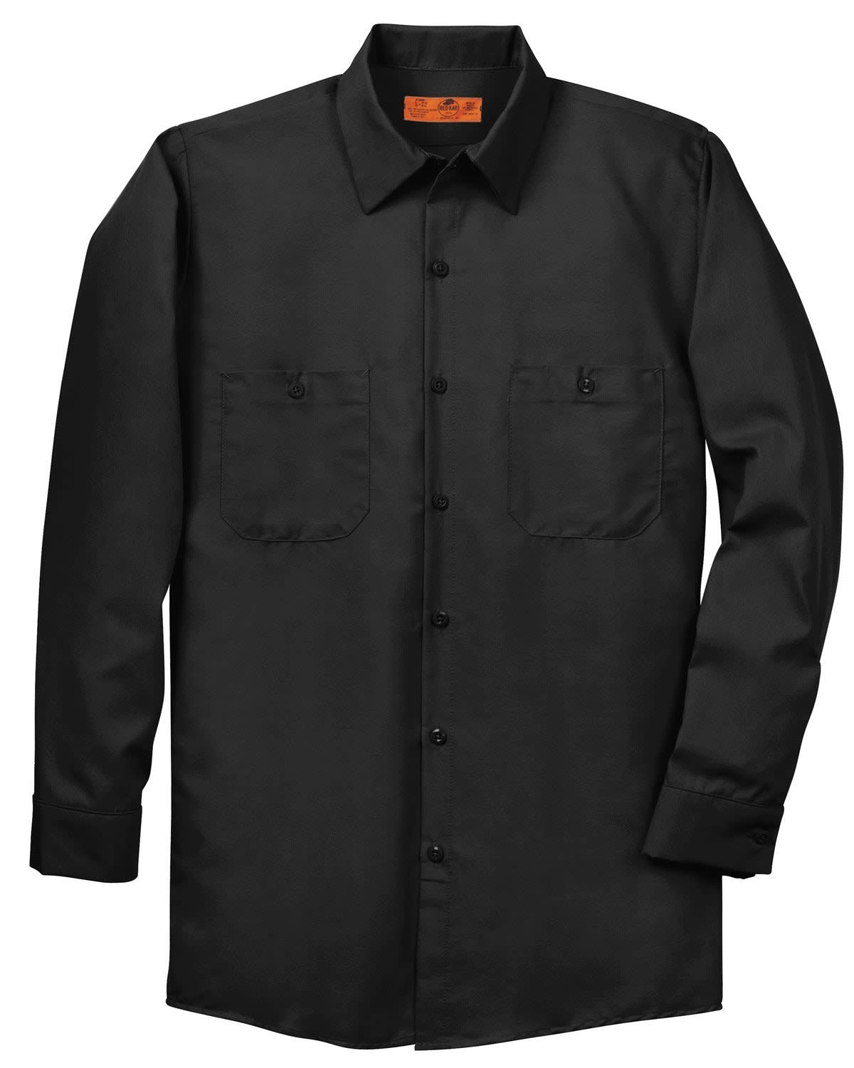 A black long-sleeve industrial work shirt featuring two chest pockets and a button-up front. It includes a logo detail.