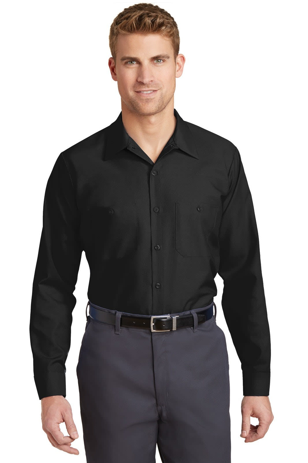 A black long sleeve industrial work shirt with a button-down collar, featured on a male model.