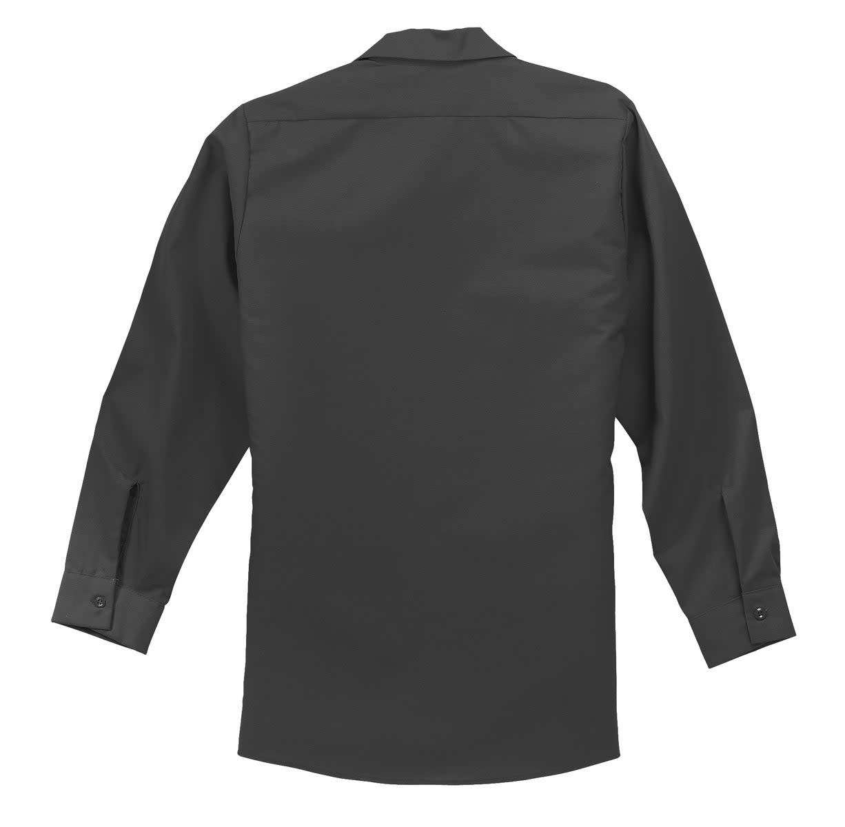A long sleeve industrial work shirt in dark grey with a collar and buttoned cuffs, featuring a logo.