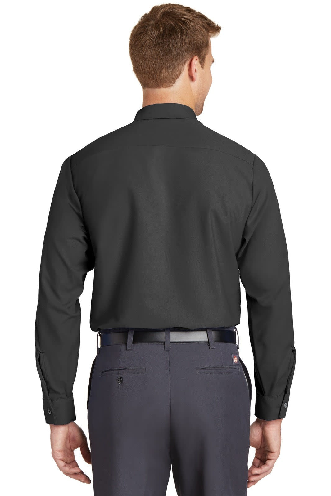 A long sleeve industrial work shirt in dark grey, featuring a back view and buttoned cuffs. Includes a logo.